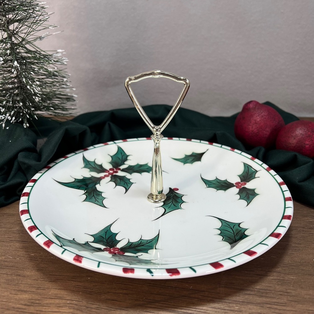 Lefton‎ Holly Candy Cane Round Serving Plate with Gold Tone Handle Hand Vintage
